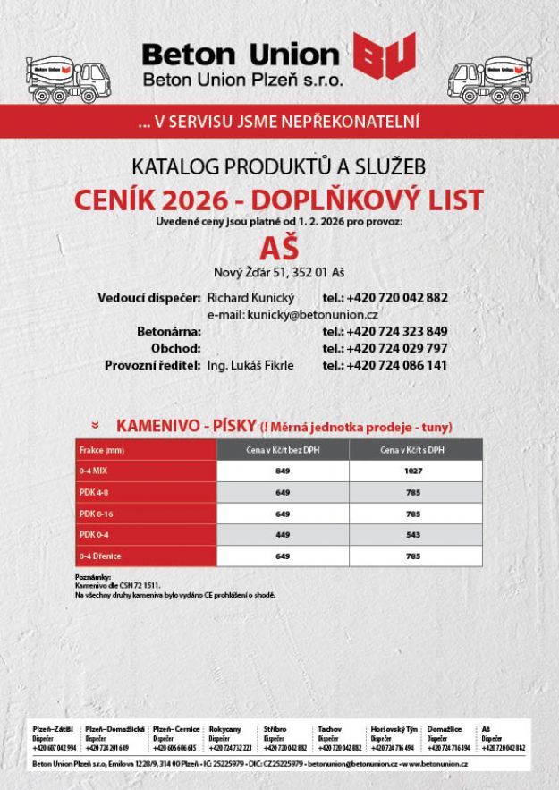 Ceník - Doplňkový list - kamenivo, písky 2026 - platnost od 1. 2. 2026