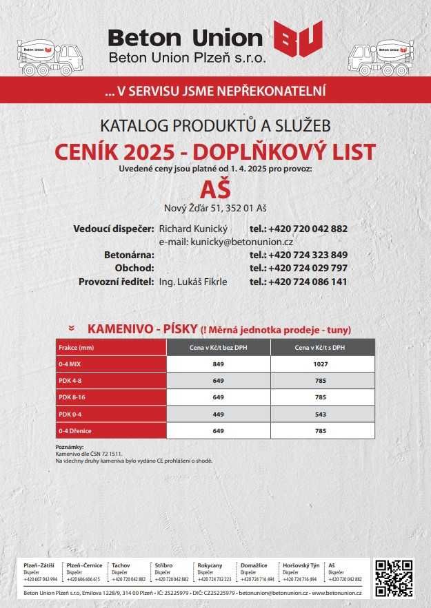 Ceník - Doplňkový list - kamenivo, písky 2025 - platnost od 1. 4. 2025