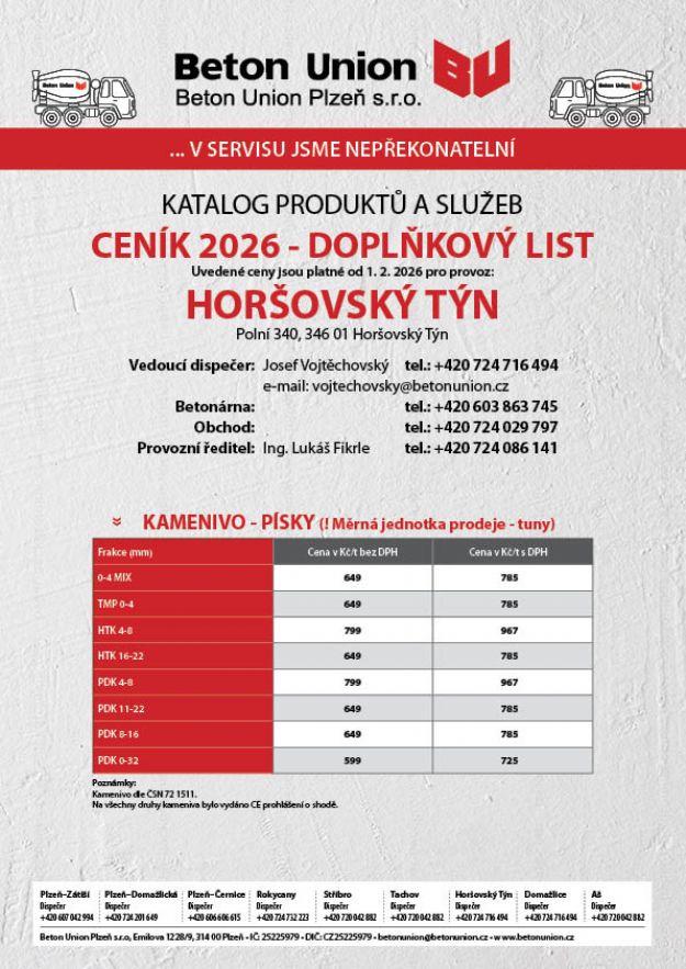 Ceník - Doplňkový list - kamenivo, písky 2026 - platnost od 1. 2. 2026