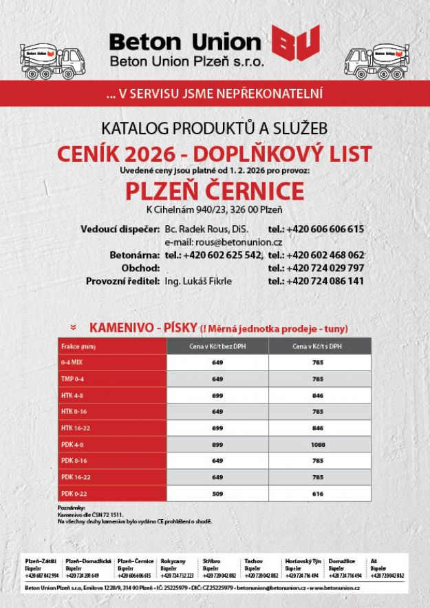 Ceník - Doplňkový list - kamenivo, písky 2026 - platnost od 1. 2. 2026