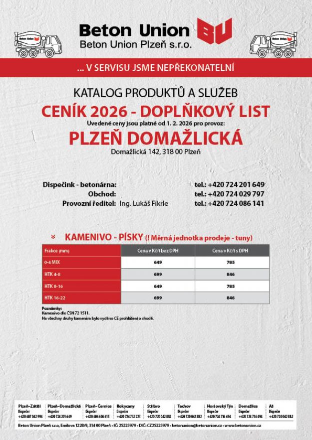Ceník - Doplňkový list - kamenivo, písky 2026 - platnost od 1. 2. 2026