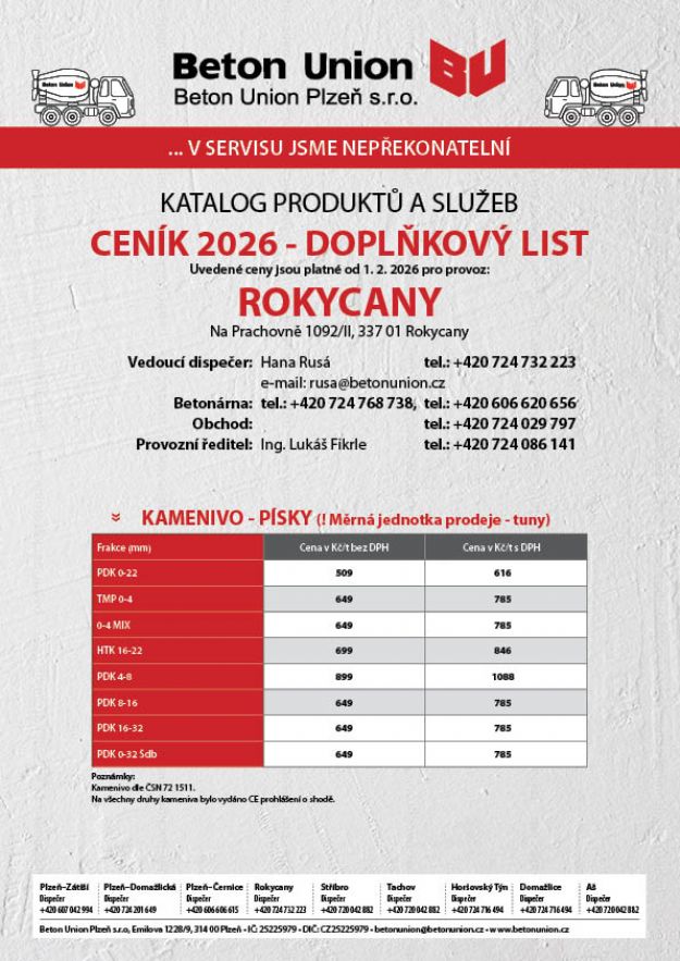 Ceník - Doplňkový list - kamenivo, písky 2026 - platnost od 1. 2. 2026
