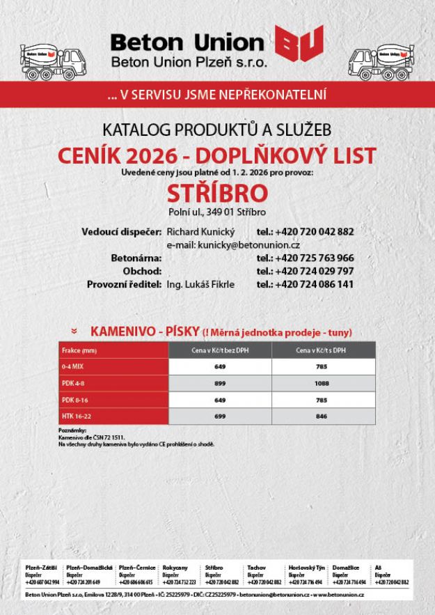 Ceník - Doplňkový list - kamenivo, písky 2026 - platnost od 1. 2. 2026