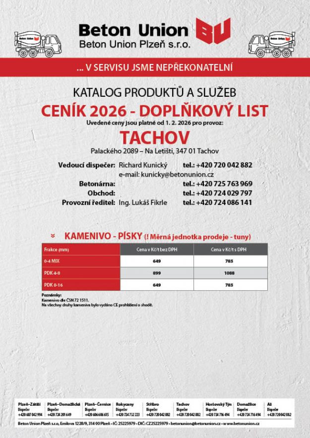 Ceník - Doplňkový list - kamenivo, písky 2026 - platnost od 1. 2. 2026