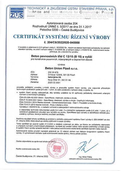 Certifikát systému řízení výroby