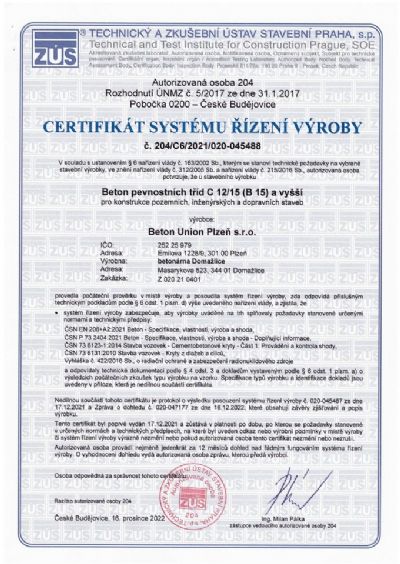 Certifikát systému řízení výroby