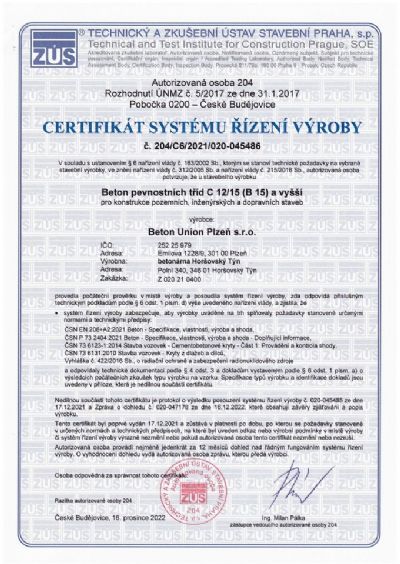 Certifikát systému řízení výroby