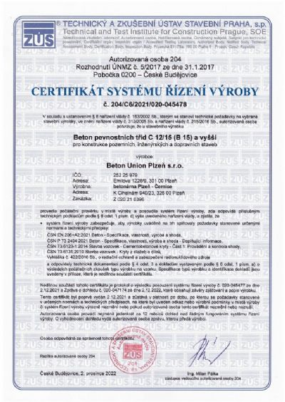 Certifikát systému řízení výroby