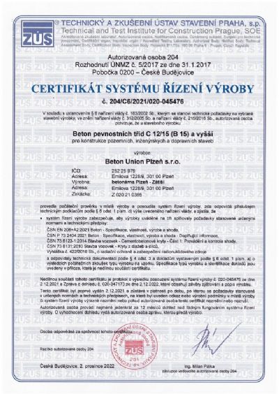 Certifikát systému řízení výroby