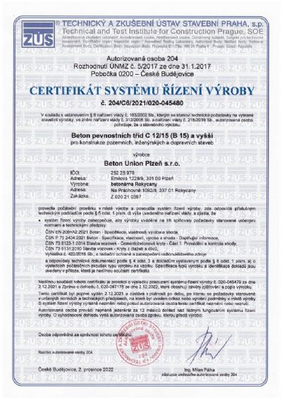 Certifikát systému řízení výroby