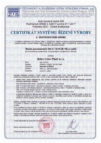 Certifikát systému řízení výroby