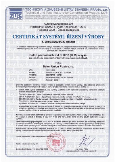 Certifikát systému řízení výroby
