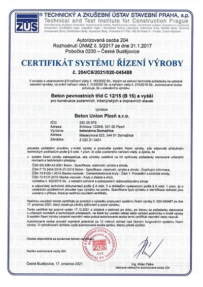 Certifikát systému řízení výroby